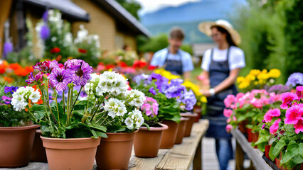 Colorful flowers in pot on blurred background of people working in the garden.