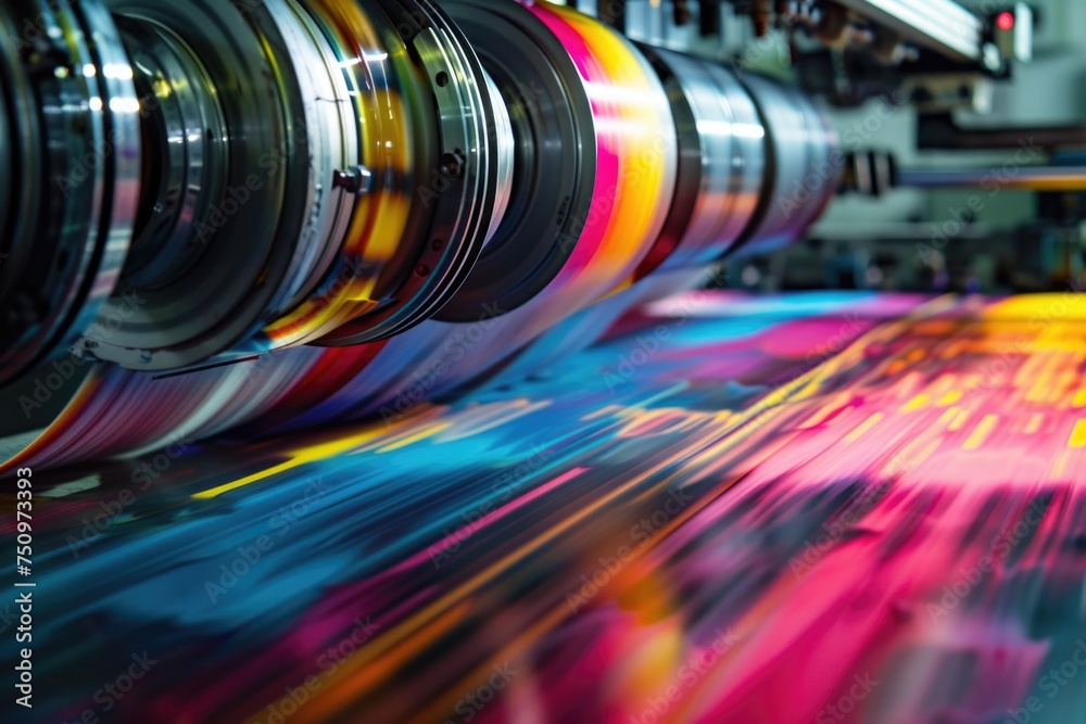 Poster a printing machine with a vibrant print, suitable for graphic design projects