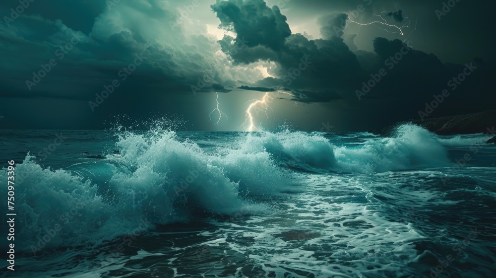 Fototapete a dramatic image of a stormy ocean with lightning in the sky. suitable for weather-related projects
