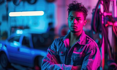 A young mechanic in an auto workshop, neon lighting