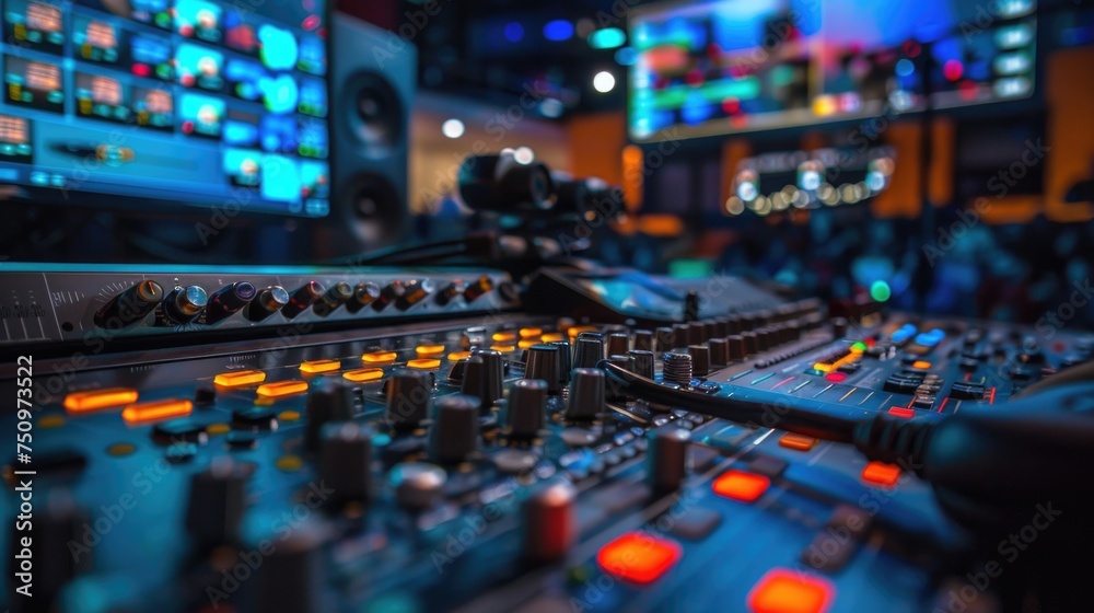 Poster professional sound mixer equipment in a recording studio. perfect for music production projects