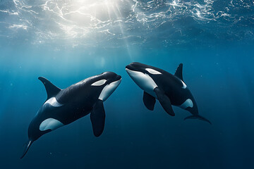 Obraz na płótnie Canvas Two orca whales swimming together in the ocean