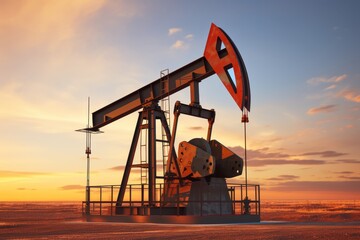 Oil pump industrial machine for petroleum energy production at sunset in oil field background
