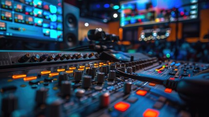 Obraz premium Professional sound mixer equipment in a recording studio. Perfect for music production projects