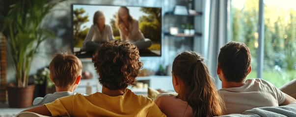 Young people watching movies on TV sitting on sofa in living room. Back view.