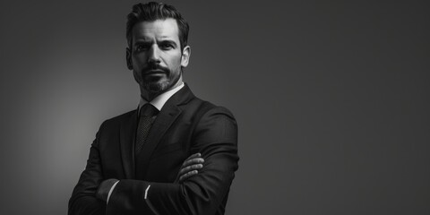 Obraz premium A man wearing a suit in a black and white photo. Suitable for business or formal concepts