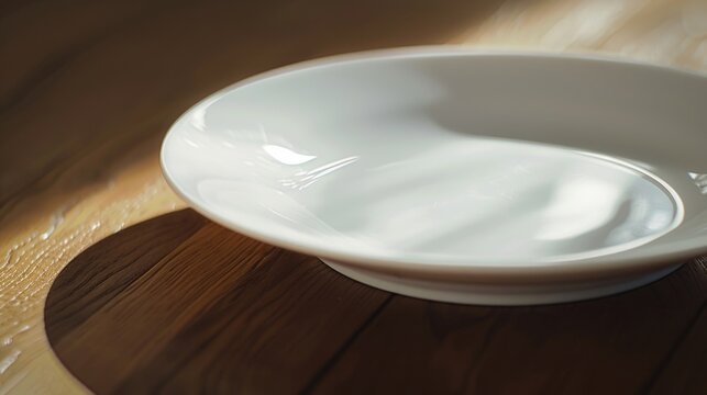 Simple white bowl on rustic wooden table, versatile for various kitchen or dining concepts