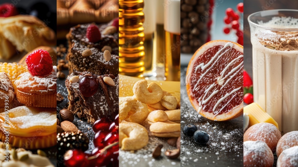 Poster a mix of different foods and drinks, suitable for various culinary concepts