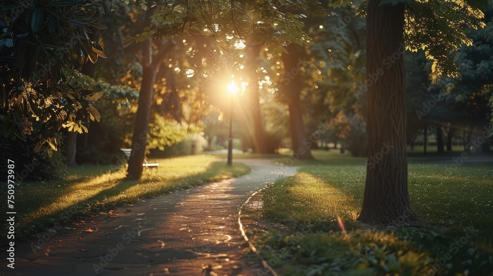 Poster sunlight filtering through trees in a park, ideal for nature and outdoor themes