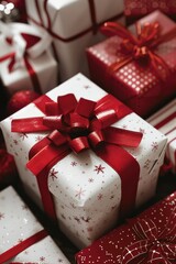 A pile of red and white wrapped presents, perfect for holiday and celebration themes