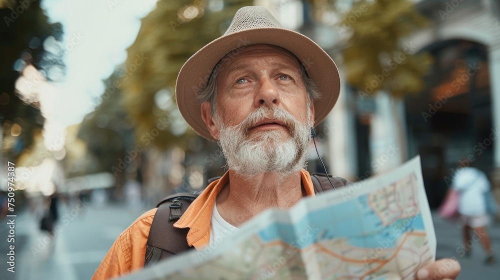Poster a man in a hat studying a map, useful for travel concepts