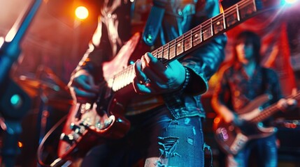 Obraz premium A person playing a guitar on a stage. Suitable for music events promotions