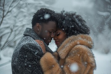 african american young couple wearing long fur coat in snowing with new year atmosphere - obrazy, fototapety, plakaty