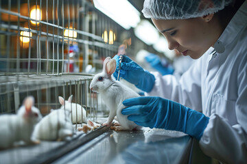 A scientist conducts medical experiments on rabbits. Laboratory experiments with animals. - obrazy, fototapety, plakaty