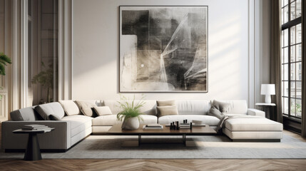 A sophisticated living room featuring a luxurious modern couch and an augmented reality wall art