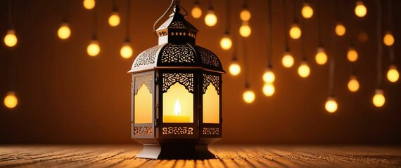 arabic lantern on wooden table - obrazy, fototapety, plakaty