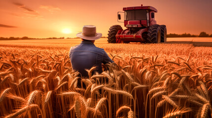 A tractor driver maneuvers across a huge wheat field, silhouetted against the warm hues of the setting sun, creating a picturesque rural landscape. - obrazy, fototapety, plakaty