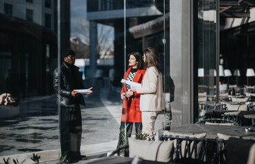 Three business partners stand in discussion outside a modern cafe, conveying a sense of collaboration, diversity, and urban corporate lifestyle.