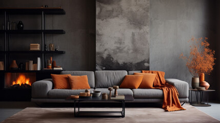 A sophisticated living room with textured walls in shades of grey and orange