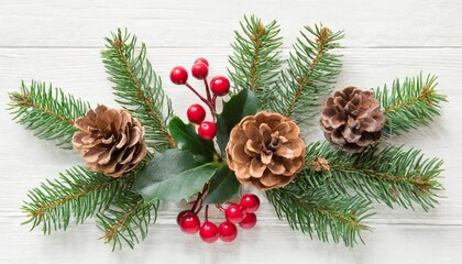 Fototapeta na wymiar flat lay composition with winter fir branches cones holly isolated on white background