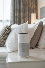 Modern Air Purifier Standing on a Wooden Table in a Cozy Bedroom Setting