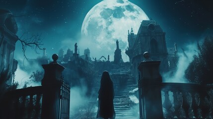 stairs in front of a full moon sky with a castle in the background - obrazy, fototapety, plakaty
