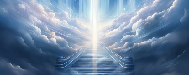 Stairway through the clouds to the heavenly light - obrazy, fototapety, plakaty