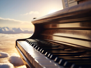 Warm sunlight bathes piano keys, echoing tranquility and a blend of music with nature’s beauty