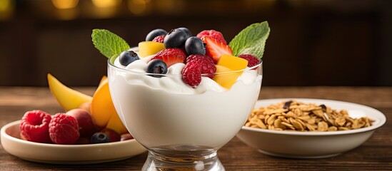 A bowl filled with creamy yogurt topped with crunchy granola and a colorful mix of fresh fruits like berries, bananas, and kiwi. The combination creates a balanced and nutritious breakfast option.