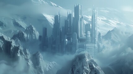 a futuristic city surrounded by mountains and clouds