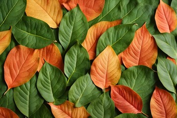 Green and orange fallen leaves background, fall transition, textured, top view