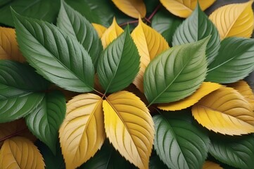 Green and yellow leaves background, fall transition, textured, top view