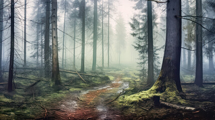 Fototapeta premium Lush greenery thrives in the tranquil forest, where towering trees and abundant foliage create a picturesque scene of untouched nature.