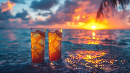 Two Glasses of Ice Tea on a Beach at Sunset - 750976726