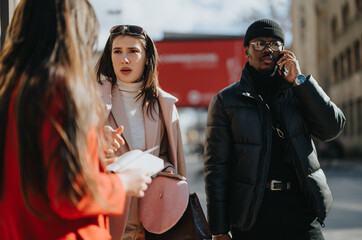 A young woman and man in a focused conversation while another businessman talks on the phone in the background on a bright day.