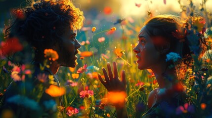 Two People Standing in a Field of Flowers