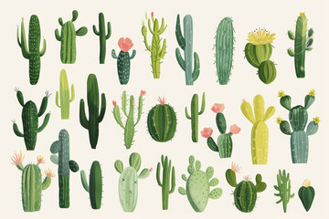 The image is a delightful illustration showcasing an array of quirky and stylized cacti.