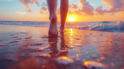 Closeup of woman feet walking on sand beach at purple sunset. Generative AI