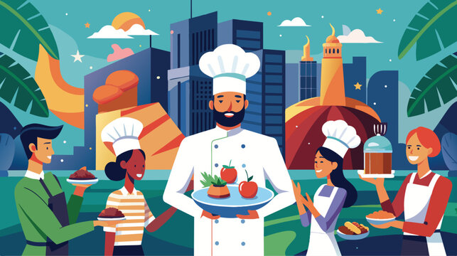 Tropical Resort Dining Scene With Diverse Chefs and Waitstaff at Sunset