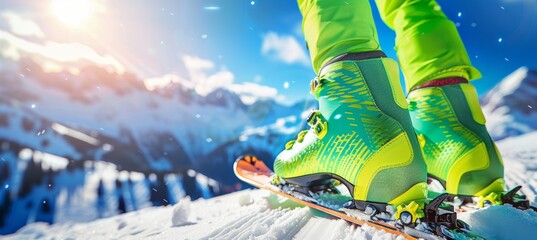 Skiing in nature close up with space for text, showcasing adventurous winter sports activity.