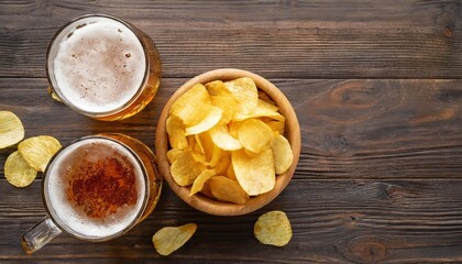 Fototapeta na wymiar two glasses of beer and chips on a dark wooden background viewed from above with space for text