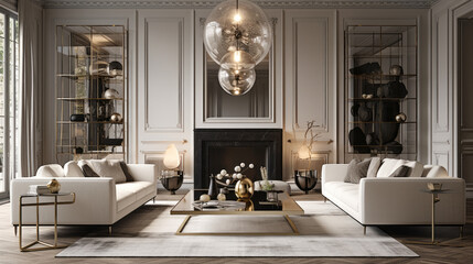 A sophisticated living room with statement lighting fixtures providing a stylish look