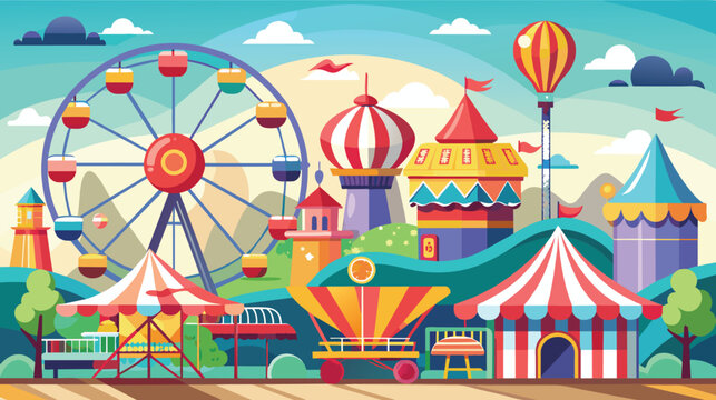 Colorful Carnival Scene With Ferris Wheel and Hot Air Balloons at Daytime