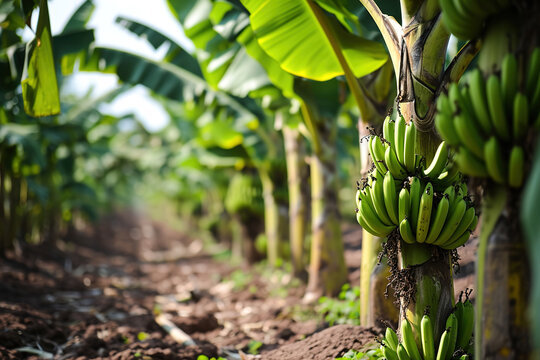 Close-up bananas on plants in plantation.
