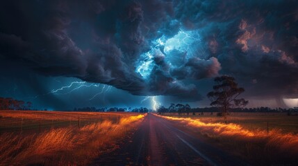 Large Field With Lightning Bolt in Sky