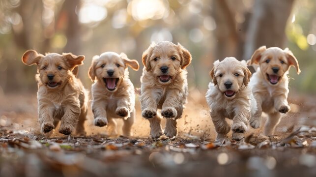 Group of Puppies Running Through Forest