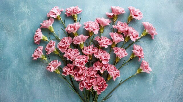 Bouquet of pink carnation flowers over blue background. Saint valentine, mothers day idea