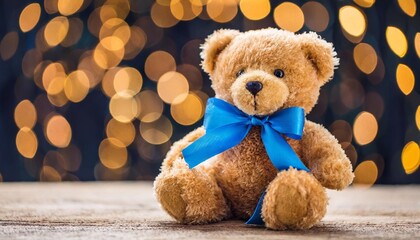cute teddy bear wering blue ribbon with sparkling bokeh background