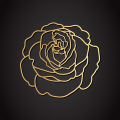 Rose flower in gold colors isolated on black background. Line art vector illustration