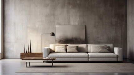 A sophisticated living room with textured walls and a minimalist design, boasting a grey couch and a white side table